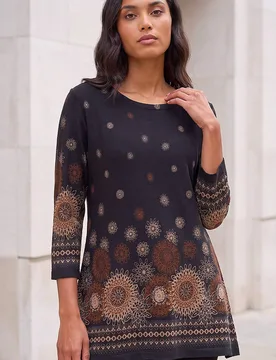Women's Sunflower Printed Tunic Top in Black Size: 20 - Black - Size: 20 - Roman - FashionsVida