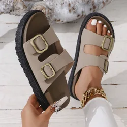 Sandalias de mujer con decoración de hebilla de PU, negro, estampado de leopardo, color block, suela plataforma, moda slip-on, zapatillas de playa, a