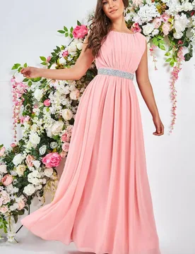 Women's Chiffon Maxi With Embellished Belt in Peach Size: 14 - Peach - Size: 14 - Goddiva - FashionsVida