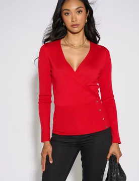 Women's Red LS Wrap Front Gold Button Top Size: 10 - Red - Size: 10 - Gini London - FashionsVida