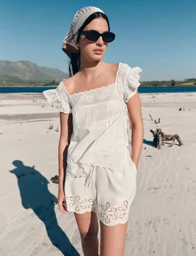 Pure Cotton Lace Bib Detail Embroidered Top Soft White female - M&S - FashionsVida