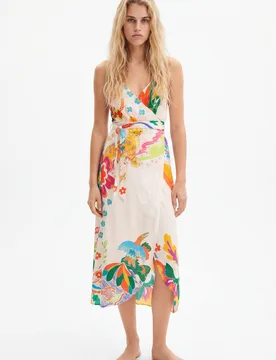 Robe midi croisée dessins jungle WHITE XS female - Desigual - FashionsVida