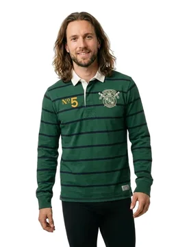 Polo A Maniche Lunghe Double Emblem Stripe Rugby Hunter Green Stripe L - Superdry - FashionsVida