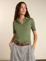 Pure Cotton Ribbed Collared Top Khaki female