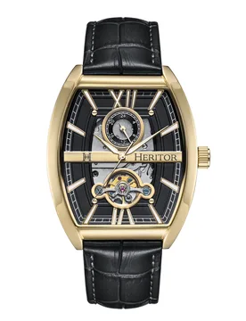 Mens Masterson Semi-Skeleton Leather-Band Watch - Gold Stainless Steel - One Size - Heritor Automatic - FashionsVida