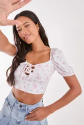 Floral Puff Sleeve Crop Top - Pink - Size: L