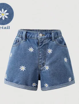 Jeans de lavado claro vintage estilo Y2K para niñas preadolescentes, pierna recta suelta, tela suave y cómoda, bolsillos con bordado de lazo, shorts - Shein - FashionsVida