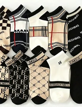 Pares de calcetines invisibles de mujer con estampado retro a cuadros y letras, calcetines de tobillo de corte bajo casuales, transpirables y cómodos - Shein - FashionsVida