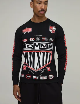 Herren Normal Geschnittenes Langarm-Oberteil Mit Mehrfarbigem Platzierungsdruck Black Größe 3XL - boohooMAN - FashionsVida