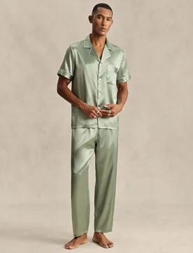 Conjunto de ropa de estar en casa para hombre con camisa de manga corta de unicolor y abotonadura sencilla y pantalones largos - Shein - FashionsVida