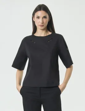 Top crop a maniche corte Weekend nero in popeline con ricami à jour e inserto in jersey - Max Mara - FashionsVida