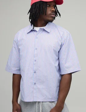 Men's Tall Oversized Boxy Half Sleeve Embroidered Multi Stripe Shirt Blue Size Small Blue S - boohooMAN - FashionsVida