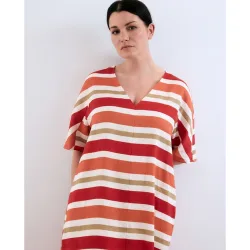 Vestido de manga corta de lino con rayas y cuello pico
