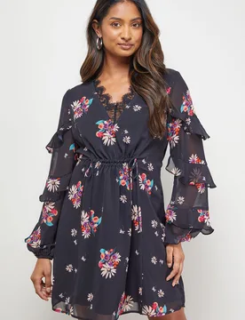 Womens Printed Lace Detail Frill Sleeve Mini Dress - Multicolour - Size 16 Uk - OASIS - FashionsVida