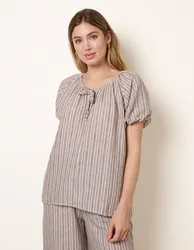 Tie Front Stripe Blouse - S / CHOCOLATE - female