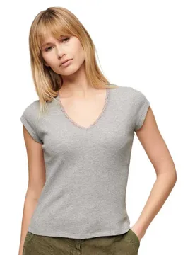 T-shirt à Manches Courtes Et Col En V Essential Lace Trim Grey Marl 2XS-XS