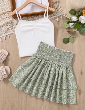 Conjunto De Top Sin Mangas Plisado Con Encaje Para Niñas Adolescentes Y Falda Con Estampado Floral Fruncido Y Dobladillo Con Volantes - Shein - FashionsVida