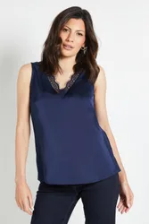Lace Trim Satin Cami Top - Navy - Size: 14