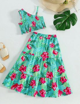 Conjunto de 2 piezas para niñas: Top de tirantes + Falda con volantes de estampado floral tropical, adecuado para vacaciones en la playa, verano