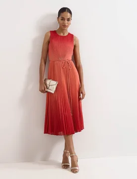 Ombré Crew Neck Pleated Midi Skater Dress Red Mix female - Phase Eight - FashionsVida