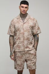 Herren Tall Blumen-besticktes Hemd Mit Reverskragen & Entspannte Shorts Set Taupe Größe Small