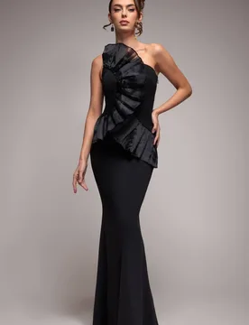 Women's One Shoulder Pleated Fan Maxi Dress in Black Size: 16 - Black - Size: 16 - Goddiva - FashionsVida