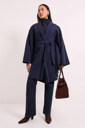 Double Faced Belted Cape Coat - Navy - Size: 10