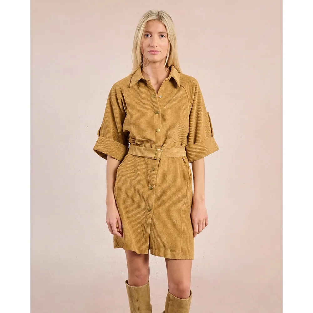 Vestido corto en tejido de pana con cinturón - Molly Bracken - FashionsVida