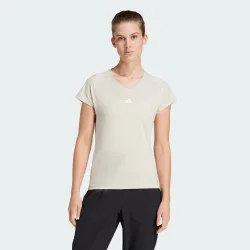 Womens Aeroready Train Essentials Minimal Branding V-Neck Tee - Beige - Size Medium