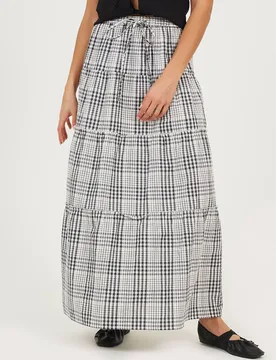 Women's Check Tiered Maxi Skirt in Brown Size: XS - Brown - Size: XS - Brave soul - FashionsVida
