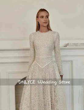 Charming A Line Women's Evening Dresses Elegant O Neck Lace Prom Gowns Vestidos Para Mujer Customized Long Sleeve Robe De Soirée - Aliexpress - FashionsVida