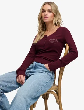 Superdry Damen Athletic Langarmshirt mit Knopfleiste Red - Größe: 38 - 34.99 - FashionsVida