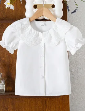 Blusa de princesa de unicolor con cuello de jacquard de doble capa y mangas abullonadas, elegante y elegante, adecuada para vacaciones, viajes, escuel - Shein - FashionsVida