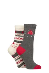 Women's 2 Pair Christmas Tree and Fairisle Socks Grey One Size - Grey - Size: One Size