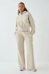 Womens Deep Hem Boxy Crop Zip Through Hooded Tracksuit - Beige Cotton - Size Large