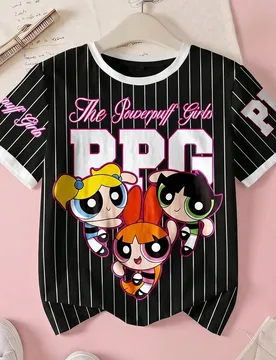 Camiseta de manga corta casual y versátil para uso diario con cuello redondo, rayas y estampado de letras de dibujos animados para niñas preadolesce - Shein - FashionsVida