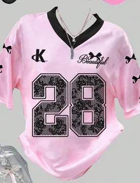 Camiseta de manga corta con cuello en V y ajuste holgado con estampado de letra inspirado en ballet, apropiado para el verano, para adolescentes - Shein - FashionsVida