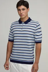 Herren Normal Geschnittenes Strick-Poloshirt Mit 1/4-Reißverschluss Und Streifenmuster Navy Größe Large