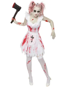 Zombie Brautjungfer Halloween Damenkostüm weiss-rot-schwarz - KARNEVAL-MEGASTORE - FashionsVida