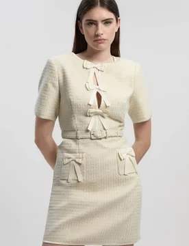 Petite Tailored Tweed Bow Detail Mini Dress - Ivory - Size: 16 - Karen millen - FashionsVida