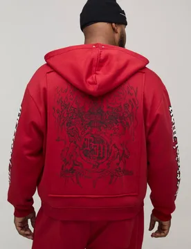 Men's Plus Oversized Boxy Zip Through Rhinestone Applique Gothic Print Hoodie Red Size 2X-Large Red 2XL - boohooMAN - FashionsVida