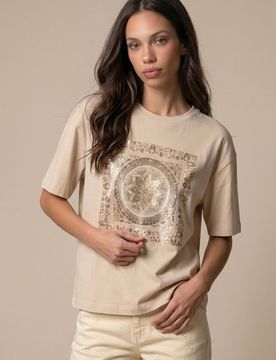 T-shirt in cotone stile boho - beige