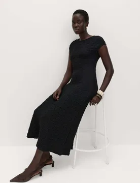 Cotton Rich Textured Midi Skater Dress Black female - M&S - FashionsVida