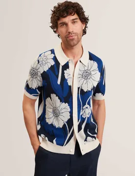 Floral Short Sleeve Knitted Shirt with Wool Dark Blue male - Ted baker - FashionsVida
