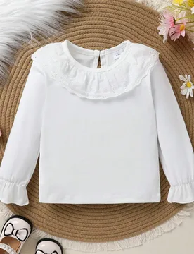Camiseta de niña pequeña de unicolor con cuello de encaje, suave, cómoda, transpirable e informal - Shein - FashionsVida