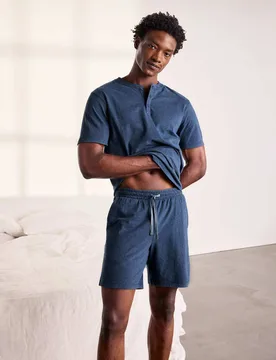 Pure Cotton Marl Henley Top Pyjama Set Blue male - Chelsea Peers - FashionsVida