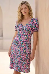 Floral Print Ruched Dress - Rose - Size: 18
