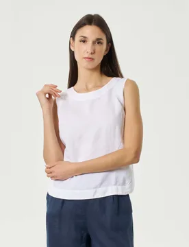 Top bianco in lino senza maniche con fondo stondato e spacchetti laterali - Lino Lino - FashionsVida