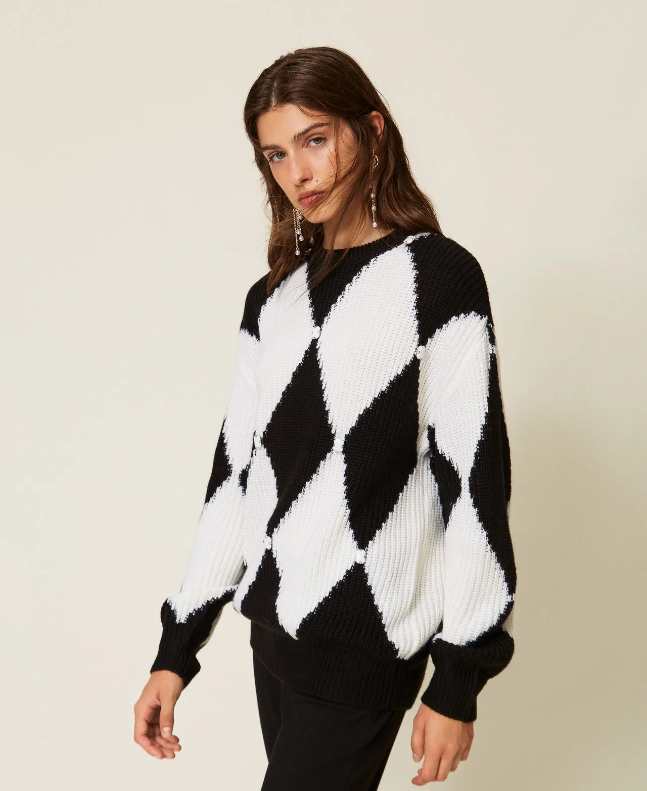 Pull en laine mélangée avec losanges et broderie - Actitude by Twinset - FashionsVida