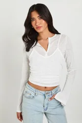 Womens Sheer Double Layer Henley Top - White Elastane - Size 12 Uk